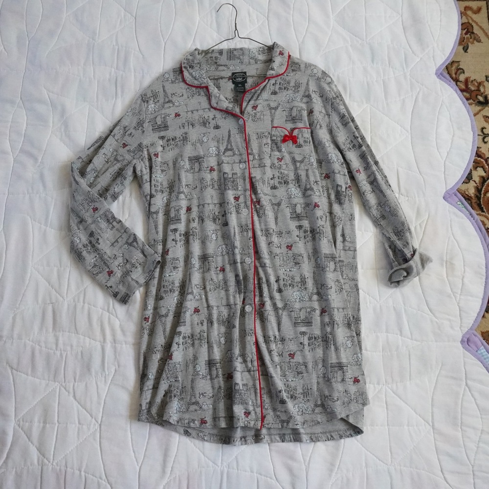 Laura Ashley Women's Gray Paris Print‎ Button Up Nightgown Pajama Shirt XL